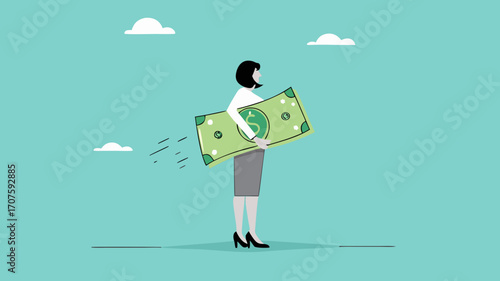 lost money investment in economic recession or falling stock market value, businesswoman holding large dollar banknotes that are crumbling and decreasing in value concept vector illustration