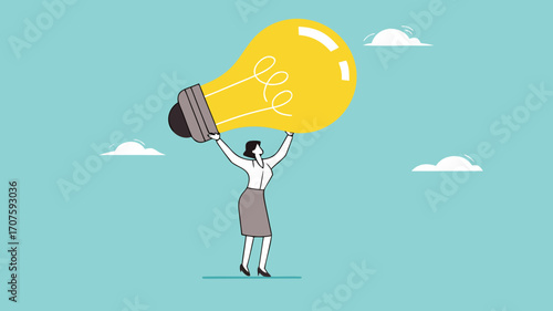 businesswoman bring big light bulb idea for new product idea or business opportunity, finding new idea, creativity or innovation to create new product, solution to solve problem or fix mistake concept