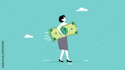 lost money investment in economic recession or falling stock market value, businesswoman holding large dollar banknotes that are crumbling and decreasing in value concept vector illustration