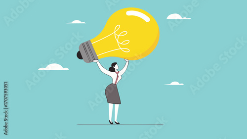 businesswoman bring big light bulb idea for new product idea or business opportunity, finding new idea, creativity or innovation to create new product, solution to solve problem or fix mistake concept