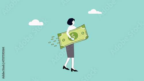 lost money investment in economic recession or falling stock market value, businesswoman holding large dollar banknotes that are crumbling and decreasing in value concept vector illustration
