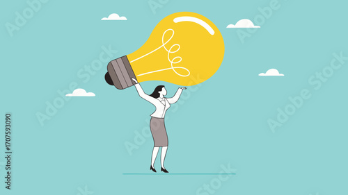 businesswoman bring big light bulb idea for new product idea or business opportunity, finding new idea, creativity or innovation to create new product, solution to solve problem or fix mistake concept