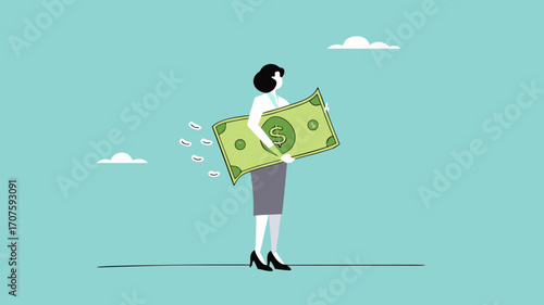 lost money investment in economic recession or falling stock market value, businesswoman holding large dollar banknotes that are crumbling and decreasing in value concept vector illustration