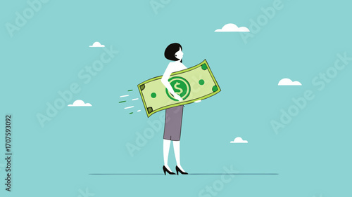 lost money investment in economic recession or falling stock market value, businesswoman holding large dollar banknotes that are crumbling and decreasing in value concept vector illustration