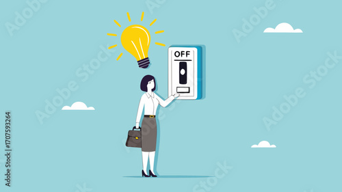 turn on creative light bulb idea, businesswoman turns on the switch to activate the light bulb idea, critical thinking or emotional intelligence, wisdom using knowledge or mindset