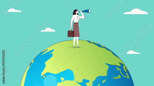 global opportunities, strategy or procedure to achieve business objective, businesswoman use telescope while climb up on big globe concept vector illustration with flat design style