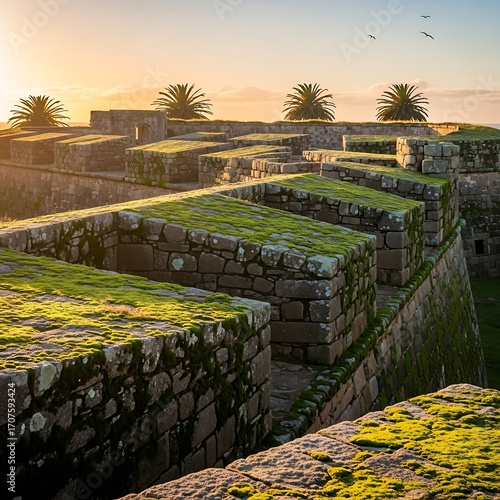 Stone ramparts of a historic fort, covered in moss, bathed in golden sunrise light.