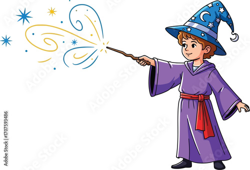 Enchanting young wizard casting spells with a magic wand, bringing wonder and imagination to life for kids