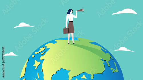 global opportunities, strategy or procedure to achieve business objective, businesswoman use telescope while climb up on big globe concept vector illustration with flat design style