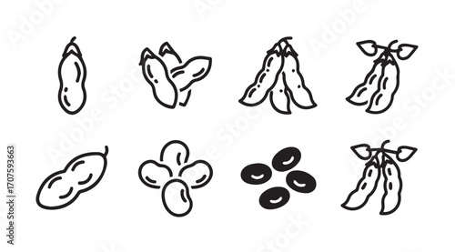 Collection of hand drawn soybean pods and beans silhouette