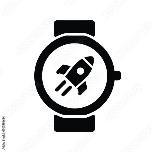 A black smartwatch displays a stylish spaceship icon upon its round screen clearly