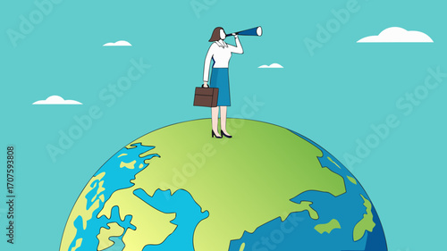 global opportunities, strategy or procedure to achieve business objective, businesswoman use telescope while climb up on big globe concept vector illustration with flat design style