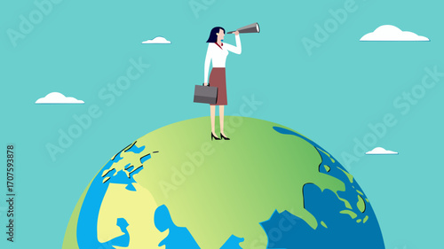 global opportunities, strategy or procedure to achieve business objective, businesswoman use telescope while climb up on big globe concept vector illustration with flat design style