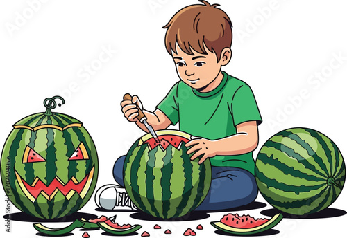 Cute boy carving a spooky watermelon jack-o'-lantern for Halloween fun with creative seasonal project