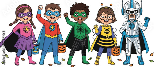 Adorable children wearing Halloween costumes celebrating fall festivities with festive Halloween pumpkin baskets