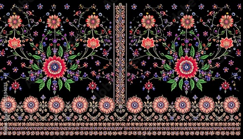 Floral embroidery design with detailed flowers and borders