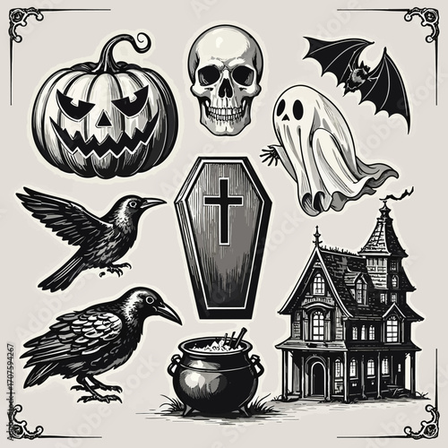 A collection of classic Halloween imagery including a carved pumpkin, a skull, a ghost, a bat, crows, a coffin, a cauldron, and a haunted house, rendered in ...