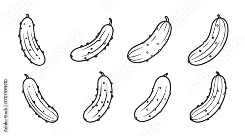 Collection of hand drawn cucumber silhouettes in various poses and angles