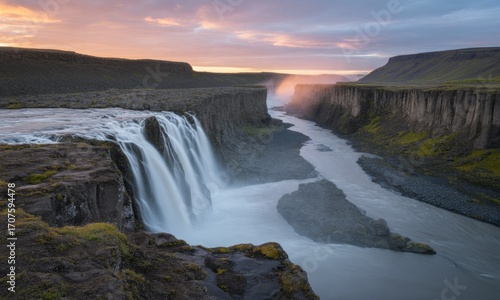 Majestic waterfall cascading down basalt cliffs at sunrise