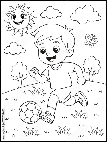 Cute Boy Playing Soccer Coloring Page for Kids. Happy Cartoon Child Running with a Football in a Sunny Outdoor Garden. Black and white line art for children and adults.