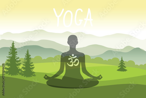 Yoga. Person relaxing in lotus pose. Meditation. International yoga day web banner. Yoga pose in a flat design. Om or Aum