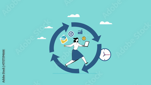 habitual procedures leading to business or career success, discipline or working efficiency, businesswoman carry out work with a circle of good work habit