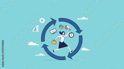 habitual procedures leading to business or career success, discipline or working efficiency, businesswoman carry out work with a circle of good work habit