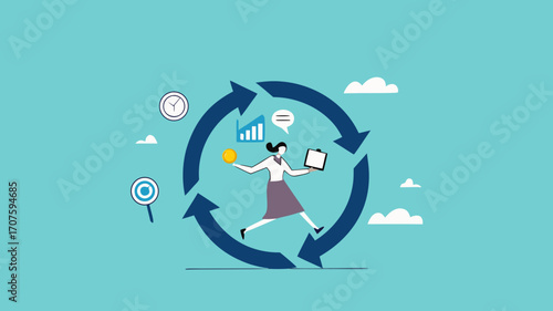 habitual procedures leading to business or career success, discipline or working efficiency, businesswoman carry out work with a circle of good work habit