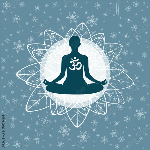 Yoga. Person relaxing in lotus pose. Meditation. International yoga day web banner. Yoga pose in a flat design. Om or Aum