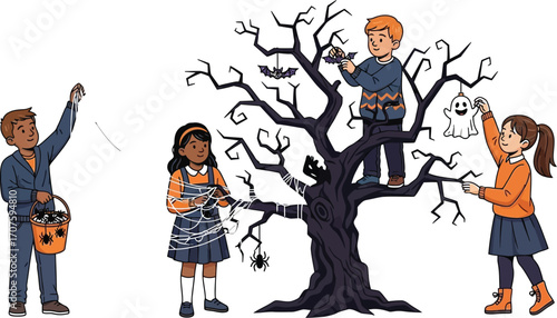 Kids having fun decorating spooky tree for Halloween with bats, ghosts and spiderwebs for a party
