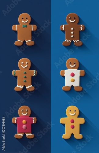 Wallpaper Mural Flat illustration of 6 gingerbread man icons, longg shadow style. Minimalist Christmas design Torontodigital.ca
