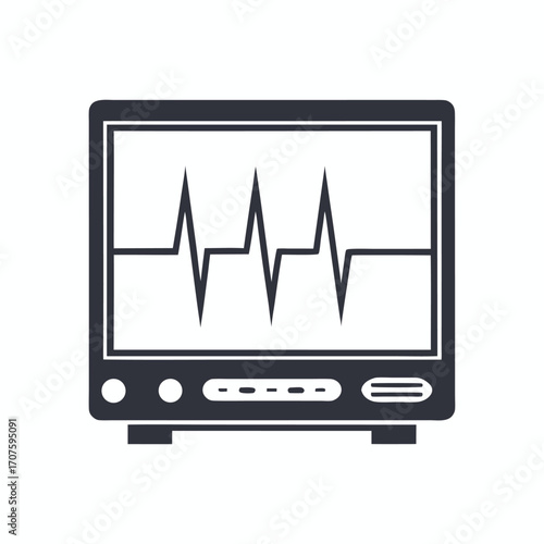A black waveform displays centrally on a heart monitor screen with button controls showing