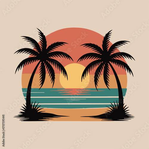 Minimalist retro sunset with two palm trees ocean beach