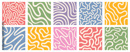 Abstract square illustrations set. Twisted liquid lines, fluid curved wavy organic winding wiggling stripes maze backgrounds, hand drawn doodle uneven line. Funky ornaments, groovy patterns collection