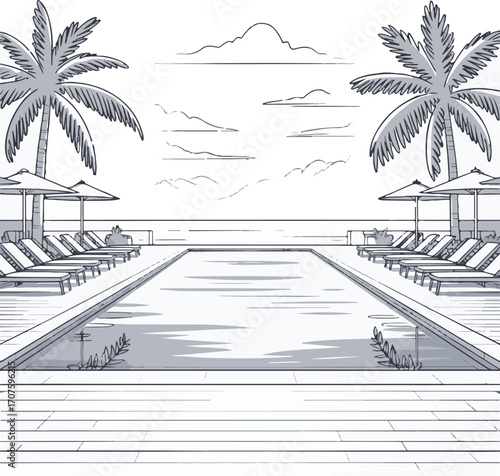 Resort Swimming Pool and Lounge Area Sketch with Palm Trees and Ocean View