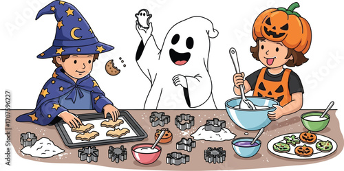 Kids in costume baking Halloween cookies together having fun creating spooky treats for a festive party