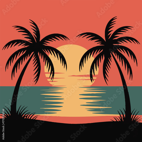 Retro sunset with palm trees and ocean beach silhouette