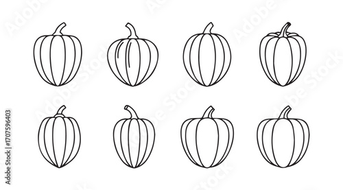 Collection of eight hand drawn bell pepper silhouettes in a grid pattern silhouette