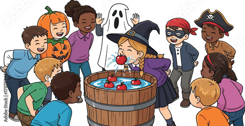 Excited children in costumes bobbing for apples at a fun Halloween party with friends and family