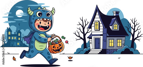 Excited kid trick or treating in monster costume on spooky Halloween night with pumpkin candy bucket