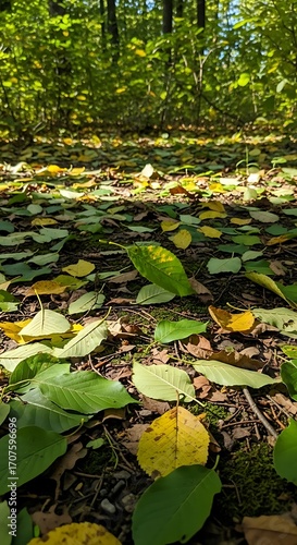 A forest floor, carpeted with vibrant autumn leaves, displays a spectrum of gold, green, and brown hues under dappled sunlight.