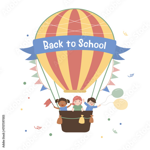 Funny multiethnic children flying in hot air balloon. Back to school. Invitation card, template, place for text. Students flying for knowledge. Сute children friends, classmates.