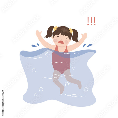 Cute little girl drowning in swimming pool waving hands calling for help. Kid in swimsuit is cramping. Child drowning deep sea. Efforts above water. Shock and panic. Ask for help.
