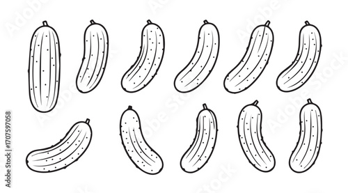 Collection of hand drawn cucumber silhouettes in various poses and styles