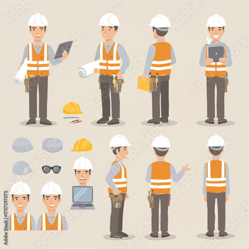 A collection of illustrations depicting a construction worker in various poses and from different angles, showcasing safety gear and tools.