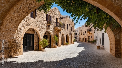 Fototapeta Naklejka Na Ścianę i Meble -  Charming Walk Through Rhodes Island s Cobblestone Streets, Embracing Mediterranean Vibes and Shadows