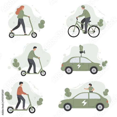 A collection of illustrations depicting various eco-friendly modes of transportation, including electric scooters, bicycles, and electric cars.