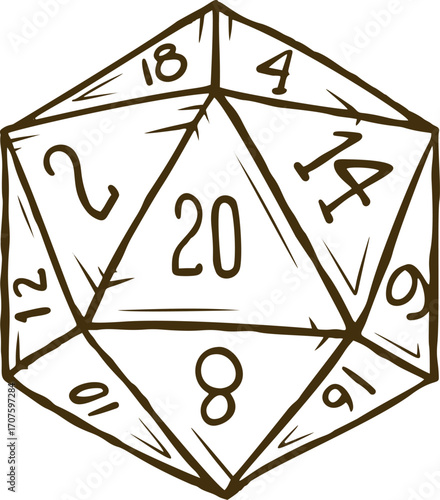 D20 dice line art. sketch roleplay game fantasy design. Adventure tabletop graphic icon