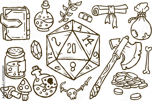 DND set with dice, magic potion, book, axe. Colorful fantasy items for roleplay adventure. D20 fantasy roleplay adventure collection.
