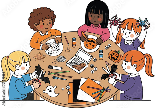 Creative kids crafting spooky Halloween decorations together at a table with smiles and holiday spirit